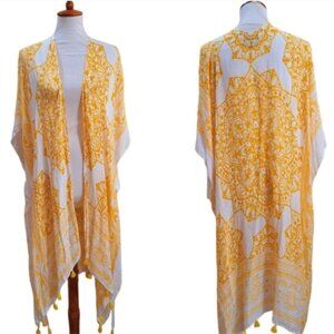 Angie Boho Bright Yellow  White print mandala Tassels Longline  Kimono Cardigan